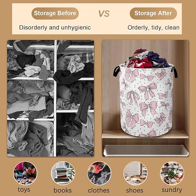 Pink Bow Collapsible Laundry Baskets,Black Dots Laundry Hamper,Storage Basket with Handles for Bathroom Bedroom College Dormitory Living Room Nursery Organizer 16"x20"