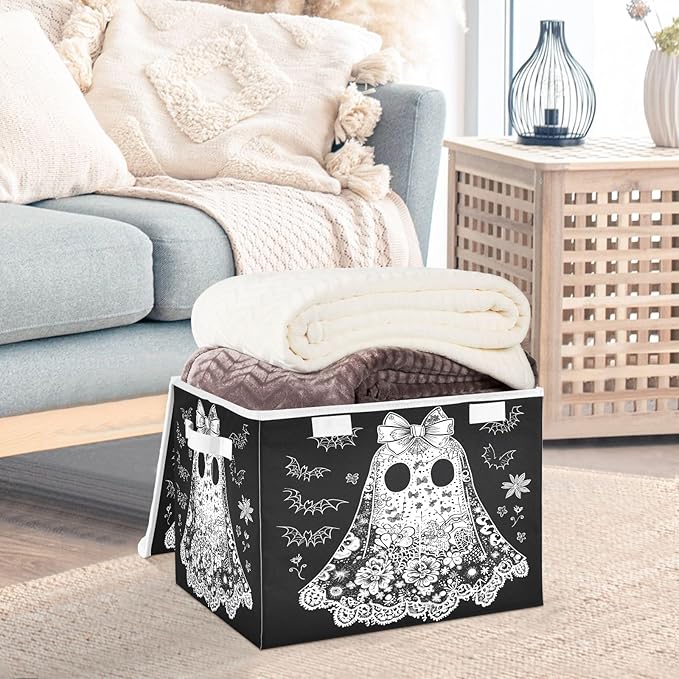 Bolaz Storage Bins with Lids and Handles,Cartoon Ghost Storage Box Basket with Cover Collapsible Organizer Containers for Home Closet, Shelves