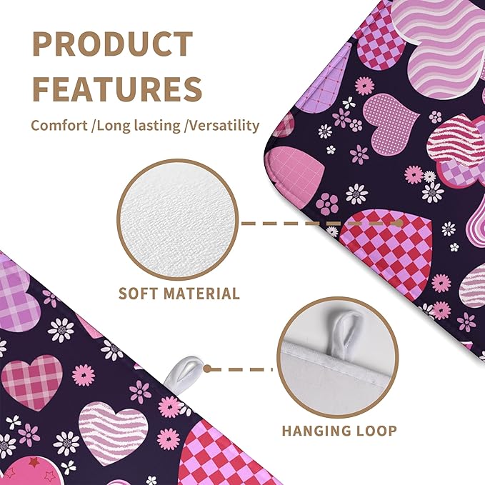Valentine Pink Love Heart Dish Drying Mat for Kitchen Counter - Happy Valentine's Day Microfiber Pad 18x24 Inch Absorbent Drainer Large Dryer Kitchen Accessories
