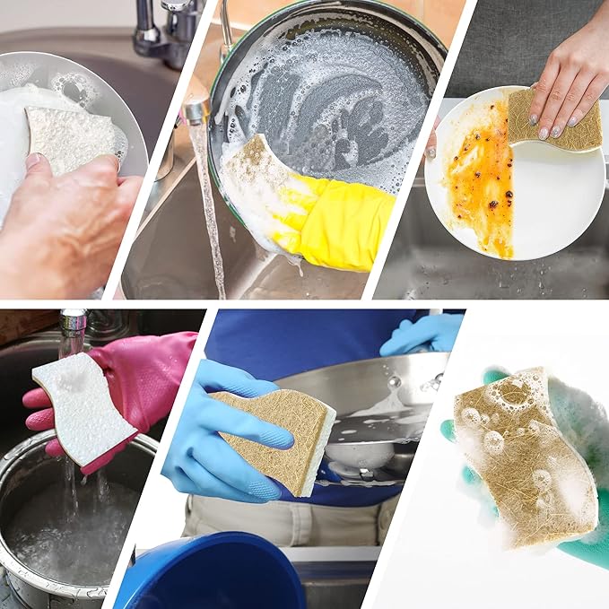 KICKLEEN 16 Pack Biodegradable Natural Kitchen Sponge - Compostable Cellulose and Coconut Walnut Scrubber Sponge - Eco Friendly Sustainable Sponges for Dishes