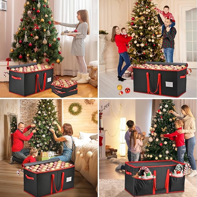 Christmas Ornament Storage Box, Ornament Storage Organizer Fits 128 of 3 inch Ornament Balls, 8 Removable Tray Ornaments Storage Containers with Dividers to Store Xmas Holiday Decor(Black)