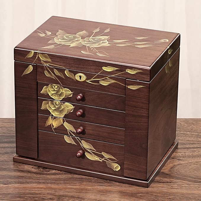 Hand-Painted rose Wooden Jewelry Boxes for Women - 8-Layer Large Lockable Jewelry Box with Compartments, Dresser Top Jewelry Organizer, Vintage Wooden Jewelry Storage