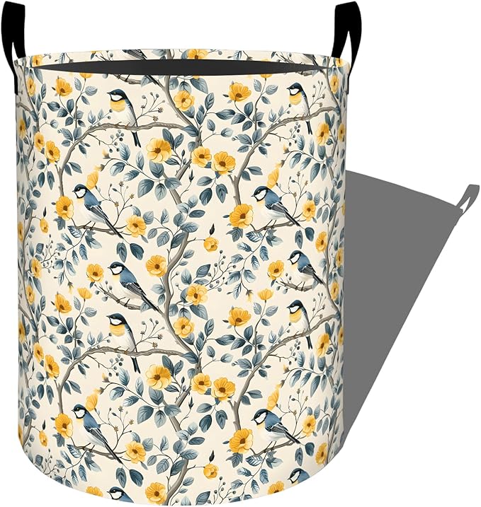Elegant Bird with Yellow Floral Laundry Basket with Handles, 19.7"x15.7" Clothes Foldable Laundry Hamper Organizer for Dorm Nursery Bedroom Bathroom Decor, Toy Storage Bin for Kids