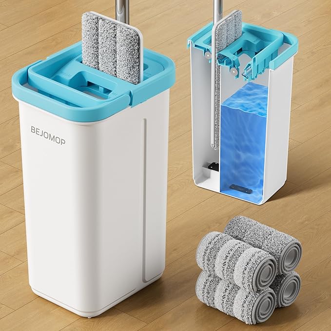 BEJOMOP Mop and Bucket Set with Wringer, Dry & Wet Wall Mop Cleaner with Long Handle, Flat Squeeze Spin Dust Mop for Household Floor Cleaning with 4 Microfiber Mops, Turquoise-Cyan