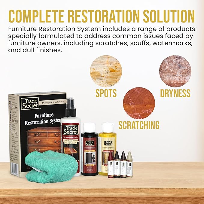 Trade Secret Complete Wood Furniture & Floor Restoration Kit - Scratch Repair and Polish System for Light and Dark Surfaces with Microfiber Cloth