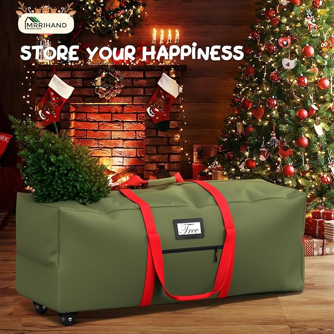 Mrrihand Christmas Tree Storage Bag, Large Artificial Anti-Tear Heavy-Duty 600D Oxford Cloth Xmax Christmas Tree Storage Box with Rolling Wheels, Christmas Tree Storage Container (Army Green&Red, 9Ft)