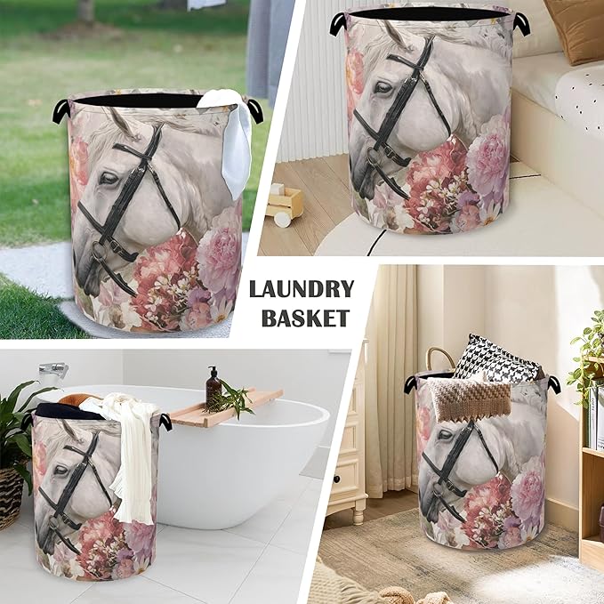 Horse Laundry Hamper,Pink Flowers Dirty Clothes Laundry Basket with Handles Waterproof Oxford Cloth Storage Basket for College Dorms Bathroom Bedroom 16" x 20.8"