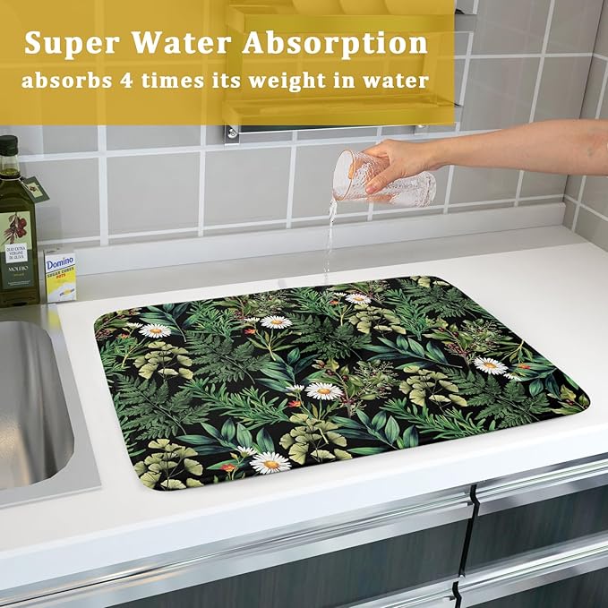 Green Botanical Dish Drying Mat 18x24 Inch Plant Leaf Fast Dry Dish Drainer Rack Mats Absorbent Microfiber Protector for Countertops Sinks