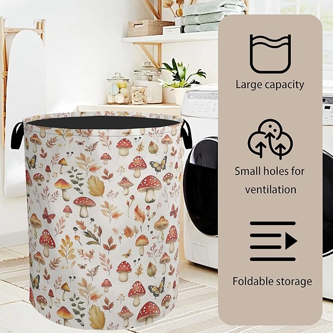 Fall Mushroom Laundry Hamper - Waterproof Fabric Laundry Basket with Handles, Foldable Storage Basket for Laundry,Bedroom,Dorm