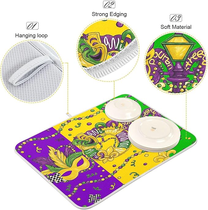 Happy Mardi Gras Dish Drying Mat for Kitchen Countertop 16x18 Fleur de Lis New Orleans Carnival Purple Green Small Drying Mat Reusable Quick Dry Dish Sink Mats Easy Clean Decorative Essentials