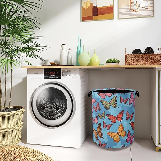 Colorful Butterfly Laundry Basket,Foldable Oxford Cloth Tote Bag Laundry Hamper Clothes Storage Bucket Organizer for Bedroom Laundry Storage Dormitories 16" x 20.8"