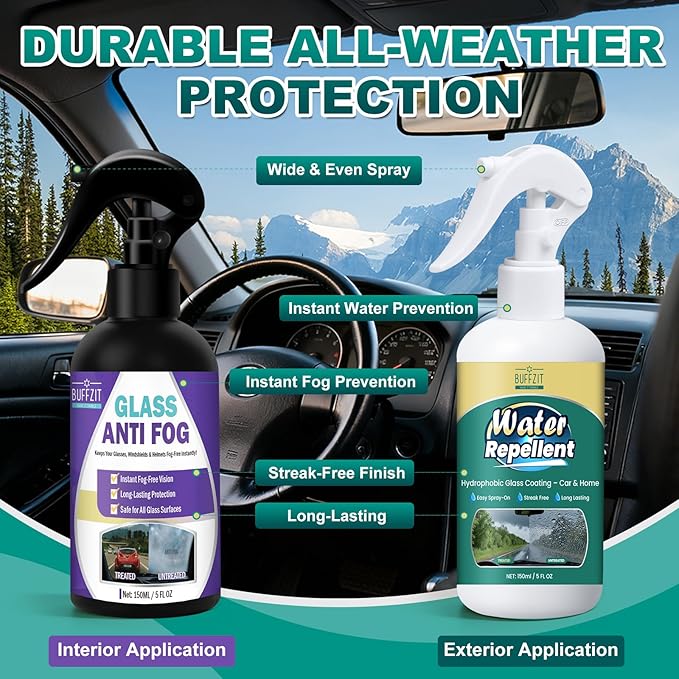BUFFZIT Anti-Fog and Rain-Repellent Spray Kit – Fast-Acting Defogger and Waterproof Spray for Clear Vision, Easy Spray for Car Windshields, Windows, Mirrors, Glasses, Goggles and Helmets (2-Pack)