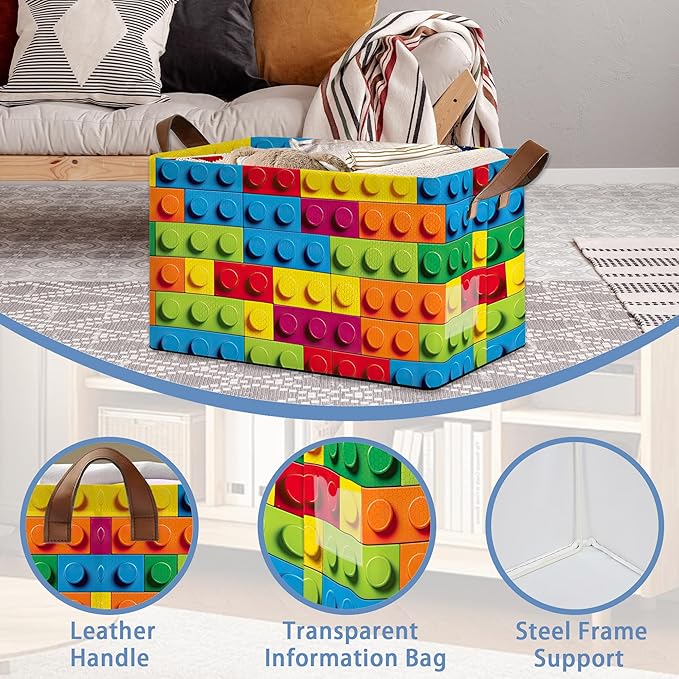 Colorful Building Blocks Collapsible Storage Box,Organizer Bin with Handles for Room Decoration,Bins Book Basket Box 17x11.5x10Inch