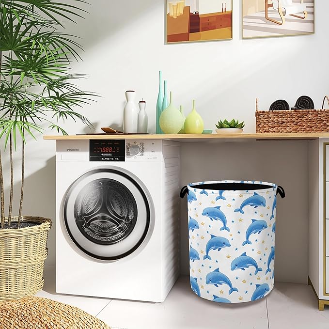 Cute Dolphins Laundry Basket,Stars Foldable Oxford Cloth Tote Bag Laundry Hamper Clothes Storage Bucket Organizer for Bedroom Laundry Storage Dormitories 16" x 20.8"