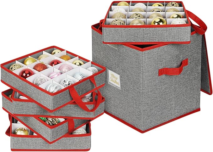 Christmas Ornament Storage Box with Adjustable Dividers, 4 Removable Trays, Christmas Ornament Organizer Ornament Holder Holds Up to 64 Xmas Balls, Durable Christmas Ball Storage Container
