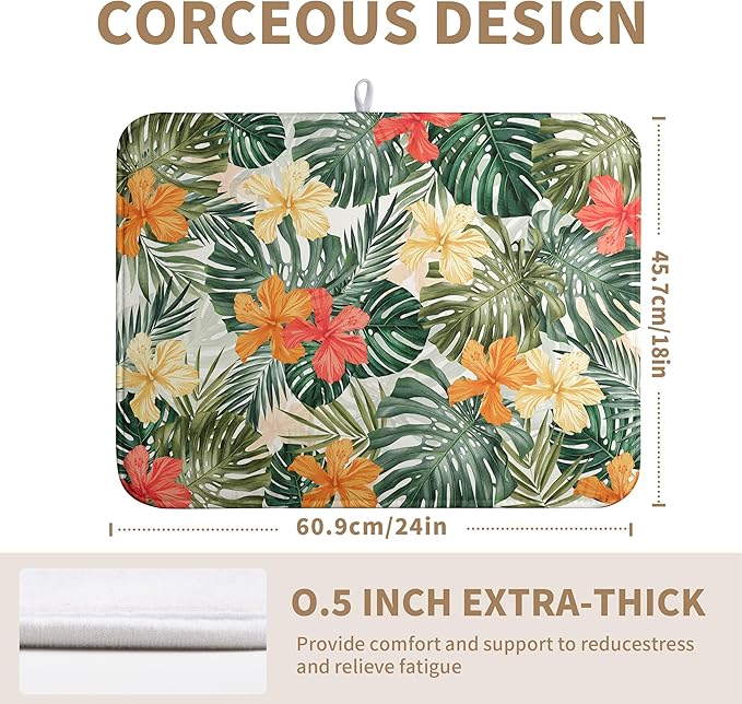 Wnoesat Tropical Palm Leaves Dish Drying Mat for Kitchen Counter Watercolor Flowers Leaf Drying Mat Dish Pads Reversible Absorbent Microfiber Dish Drainer Rack Mat for Countertop 18x24 Inch