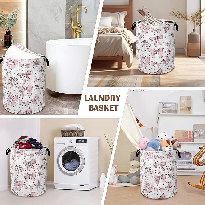 Pink Bow Collapsible Laundry Baskets,Black Dots Laundry Hamper,Storage Basket with Handles for Bathroom Bedroom College Dormitory Living Room Nursery Organizer 16"x20"