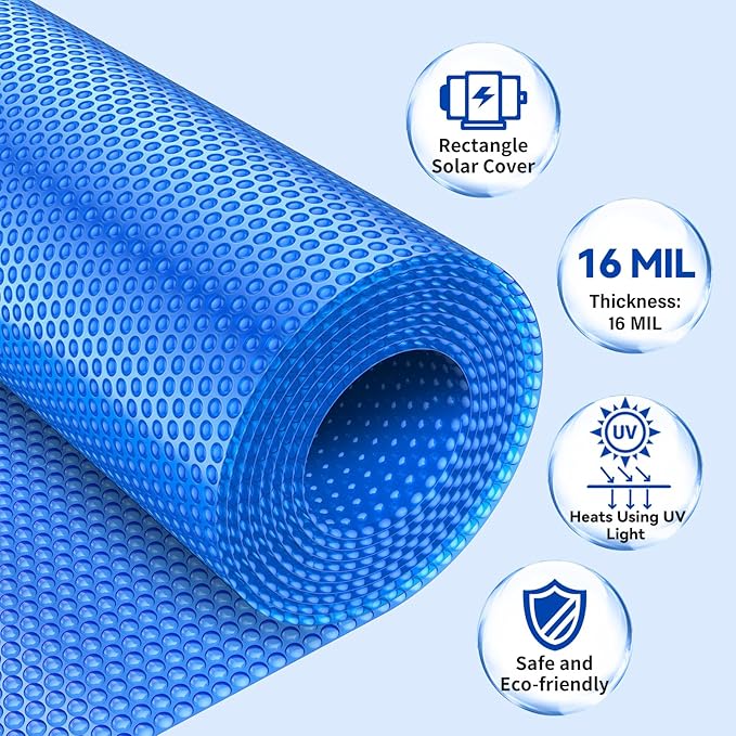 BigXwell Solar Pool Cover, Blue 16-mil 16 x 32 Foot Rectangle for In-Ground Pools, 1600 Series Heavy-Duty Insulating Pool Heater Covers.