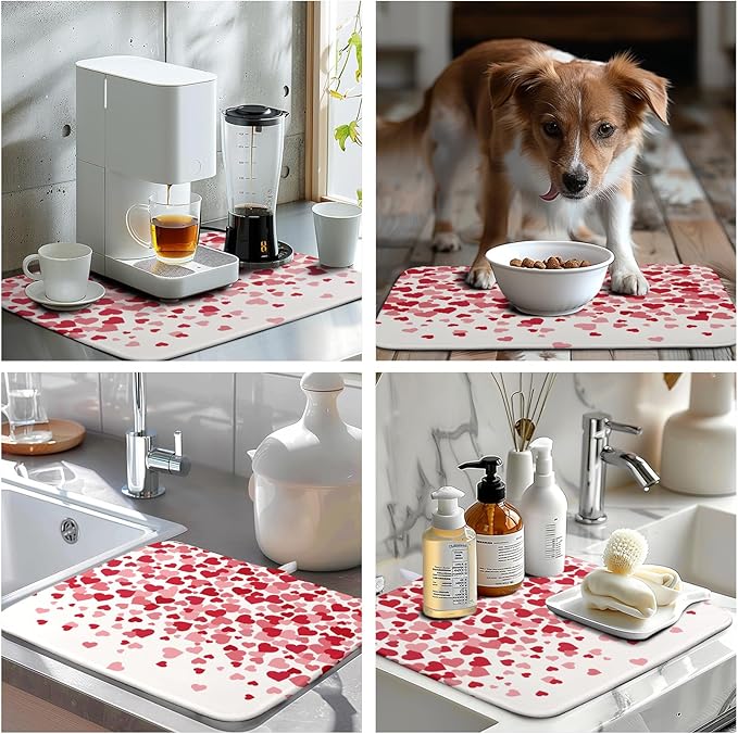 Wnoesat Valentines Dish Drying Mat Pink Red Love Hearts Valentine Drying Mats for Kitchen Counter Absorbent Microfiber Reversible Dish Draining Mat Medium Dishes Pad 16 X 18 Inch