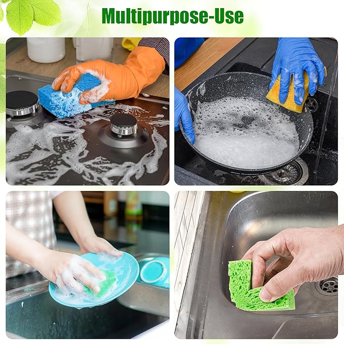 VUKOKU 12 PCS Kitchen Sponges, Natural Compressed Cellulose Sponges, Non-Scratch Reusable Sponges for Kitchen Dish Washing, Scrub Sponge for Cleaning, Bathroom, Cars, Cut-Outs DIY