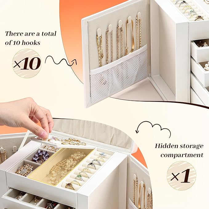 EnHomee Jewelry Box for Women, 5-Layer Large Jewelry Organizer with Mirror & 4 Drawers for Rings, Earrings, Necklaces, Bracelet Lockable Case with Lock (White + Gold)