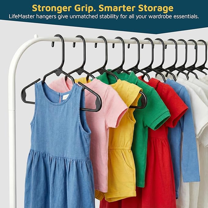 Lifemaster Plastic Kids Clothes Hanger – Children Clothes Hanger with Shoulder Notch, 11.6 Inch Space-Saving Closet Organizer for Baby, Toddler, and Kids Clothing, Hold Up to 5 lbs, Pack of 20, Black