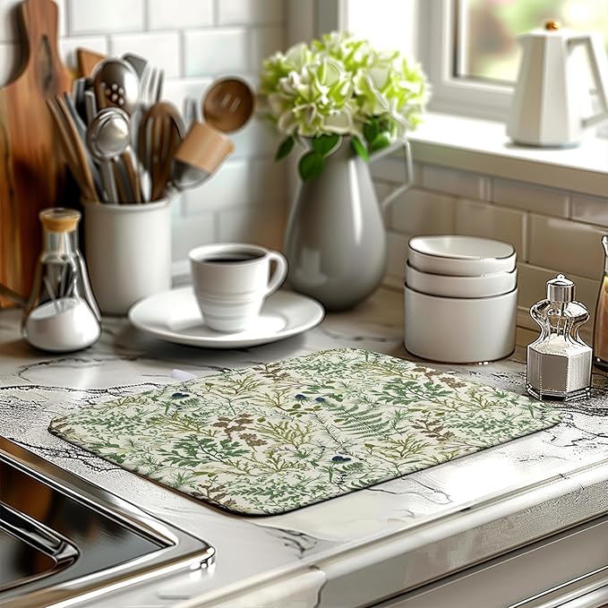 Sage Green Botanical Floral Dish Drying Mat for Kitchen Counter Vintage Herbs Fern Leaves Plant Drying Mats Absorbent Microfiber Dishes Drainer Mats Washable Dish Draining Pad Medium 16"x18"
