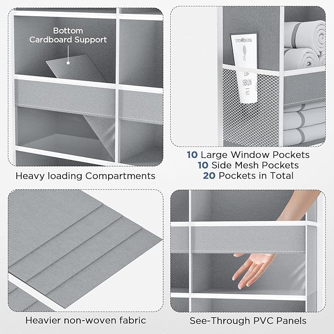 Purespace 5-Tier Over The Door Organizer with 10 Side Mesh Pockets & Clear Windows, 80 lbs Weight Capacity Hanging Storage for Bathroom, Bedroom, Nursery, Kitchen, Organize Toys, Shoes, Diapers (Grey)