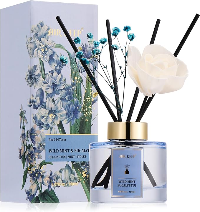 Airkeep Flower Reed Diffusers Set, 5.07 oz Wild Mint&Eucalyptus Scented Oil Diffuser with 8 Reed Sticks, Home Fragrance Diffuser Gift Set for Bathroom & Office Decor 150ml