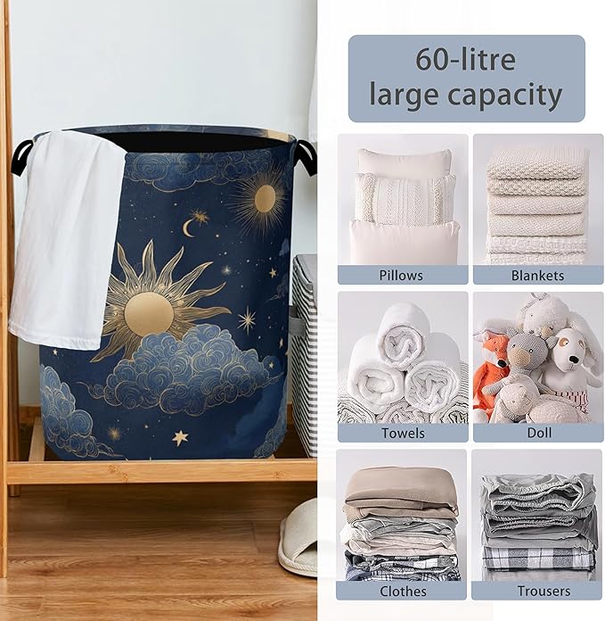 Sun Moon Stars Laundry Basket,Oxford Cloth Laundry Hamper with Handle Foldable Portable Clothes Storage Basket for Bathroom Bedroom Dorm Room 16" x 20.8"