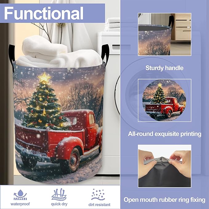 Christmas Laundry Basket, Retro Truck Tree Oxford Cloth Laundry Hamper With Handle Foldable Portable Clothes Storage Basket Storage Bag For Laundry Room/Bathroom/Bedroom/Dormitories