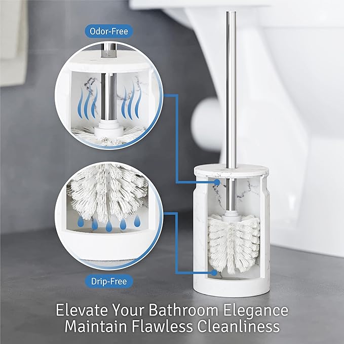 Toilet Brush and Holder Set - Toilet Bowl Brush and Holder with Sturdy Bristles for Thorough Cleaning - Concealed White Bathroom Accessories Toilet Cleaner Brush for Bathroom (Marble Look)