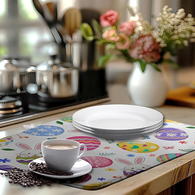 Happy Easter Bunny Dish Drying Mats Spring Floral Dish Mat Easter Cute Rabbit Eggs Drying Matt Dishes Dryer Pad for Kitchen Counter Absorbent Microfiber Washable Foldable Reusable 18x24 in