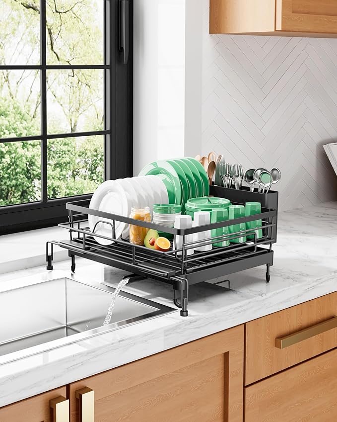 Kitsure Extendable Dish Drying Rack - Rust-Resistant Dish Racks for Kitchen Counter with Adjustable Support Legs, Cutlery Holder & Removable Draining Tray (Black, 15.6''-25.2''L × 16.9''W × 8.1''H)
