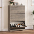 Shoe Cabinet Storage for Entryway with 3 Flip Drawers, Grey Fluted Shoe Cabinet with Adjustable Shelves, Wooden Hidden Shoe Rack Freestanding Narrow Slim Shoes Storage for Hallway, Entrance