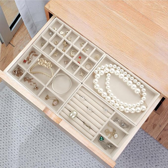 GBACHOOSE Set of 8 Velvet Jewelry Tray, Jewelry Drawer Organizer Stackable Jewelry Drawer Inserts for Earring, Ring, Brooch, Watch, 8.3"x4.8"x1"(4 Styles)