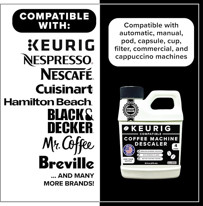 Tillbrook Coffee Machine Descaler - 1 YEAR SUPPLY Concentrated Descaler for Keurig - 16oz Coffee Maker Cleaner for Breville, Nespresso, Delonghi, Espresso Machine - 4 Uses - Safe, Natural, Effective