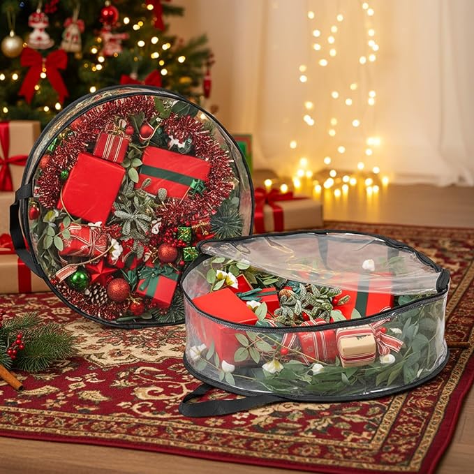 4 PCS Wreath Storage Bag Christmas Wreath Storage Container Waterproof Holiday Garland Clear PVC Container with Handle Heavy Duty for Xmas Holiday Seasonal Garland Black