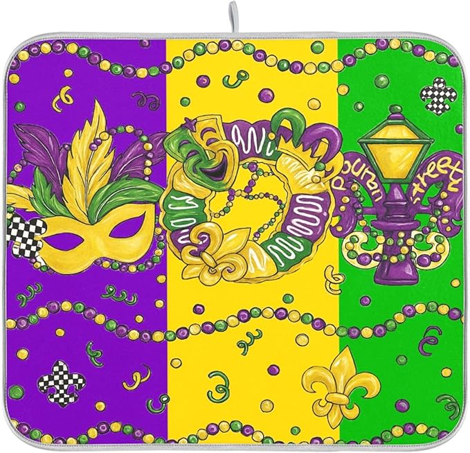Happy Mardi Gras Dish Drying Mat for Kitchen Countertop 18x24 Fleur de Lis New Orleans Carnival Purple Green Large Drying Mat Reusable Quick Dry Dish Sink Mats Easy Clean Decorative Essentials