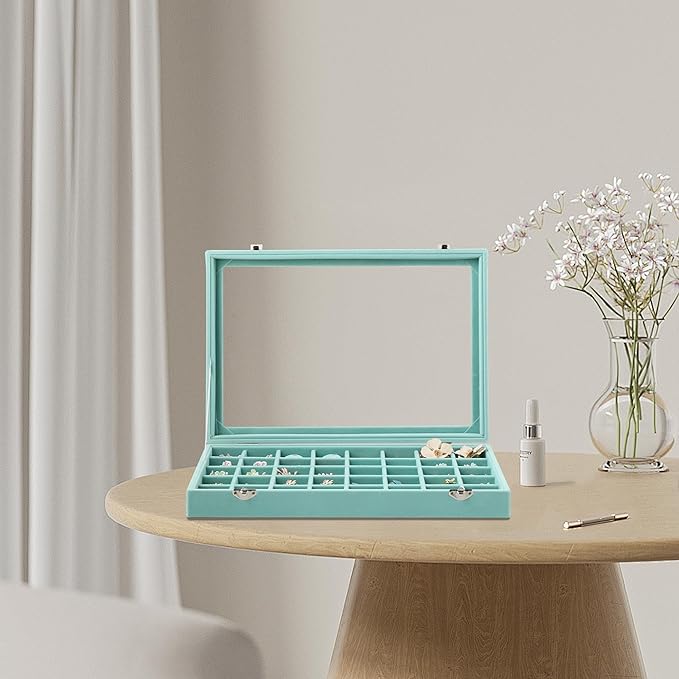 Frebeauty 40 Grid Jewelry Tray,Adjustable Earring Holder Organizer with Glass Lid,Velvet Drawer Jewelry Organizer for Rings,Studs,13.8 x 9.5 x 2 Inches Jewelry Display Box,Gift for Women(Turquoise)
