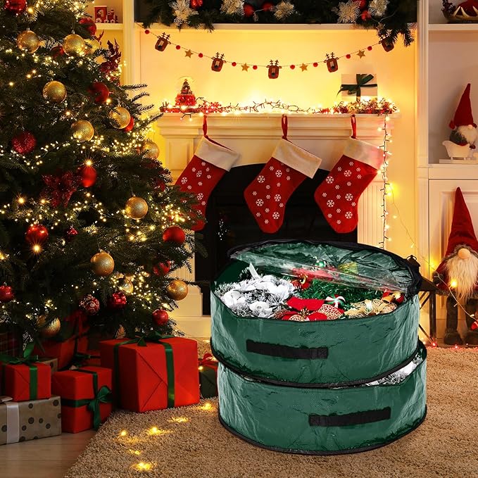 4 Pcs Christmas Wreath Storage Bag, Christmas Garland Storage Container with Clear Window, Zipper & Handle for Xmas Holiday Seasonal Wreath Garland Box(Green,30")