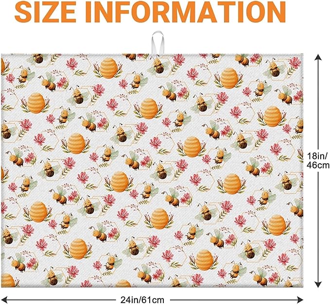 Dish Drying Mat For Kitchen Counter, Cute Bee Honeycomb Microfiber Absorbent Dish Drainer Rack Pad Reusable Large 18x24in Drying Mat