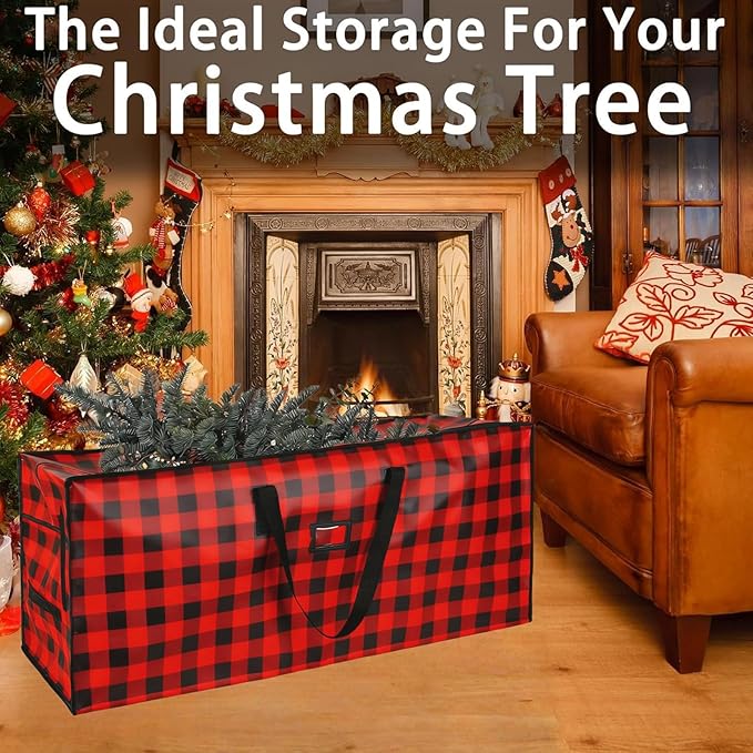Christmas Tree Storage Bag, Plastic Waterproof Christmas Tree Bag Large Xmas Storage Box Decoration Container Reinforced Handles Dual Zippers for 9ft Artificial Holiday Xmas Disassembled Trees