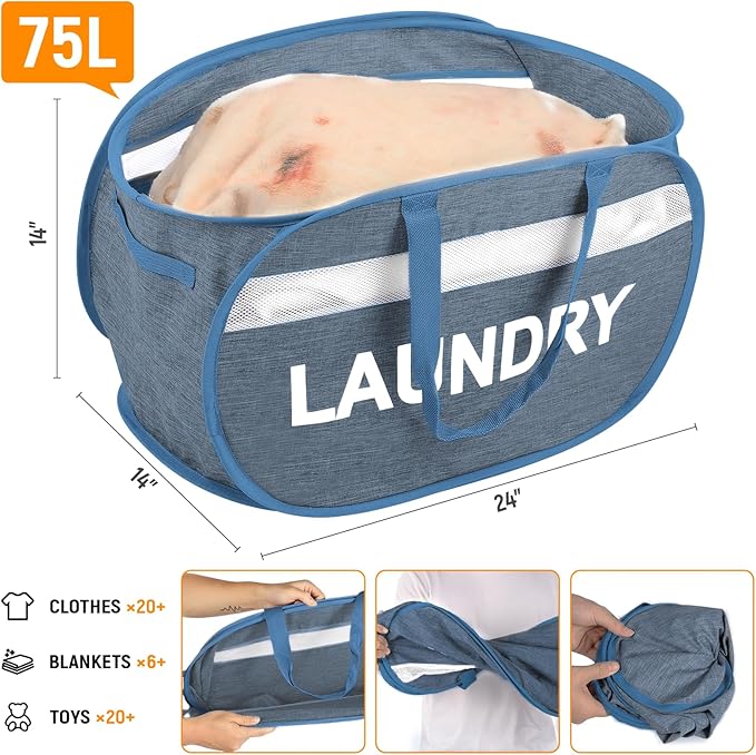Collapsible Laundry Baskets, Foldable Laundry Basket with Dual Handles, Tear-proof Dirty Clothes Hampers for Laundry, Easy to Carry Pop Up Hamper for Bedroom, Bathroom, Dorm, Laundry Room Blue