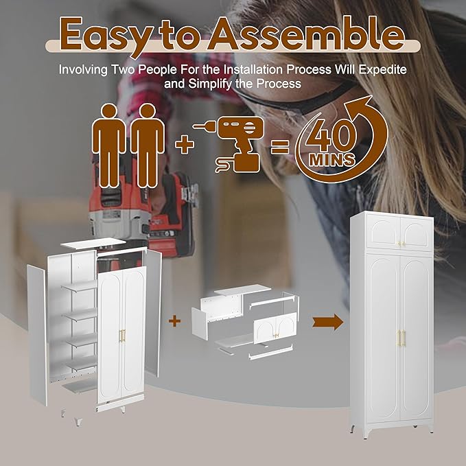 90" Metal Kitchen Pantry Cabinet, 75" Pantry Cabinets with 15" Small Cabinets, Freestanding Kitchen Storage Cabinet for Dining Room, Living Room, Alacena para Cocina, Assembly Required, White