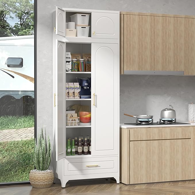 90" Pantry Kitchen Cabinet with Drawer, 75" Pantry Cabinets with 15" Cabinets, Freestanding Kitchen Storage Cabinet for Dining Room, Living Room, Alacena para Cocina, Assembly Required, White