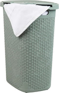 Mind Reader Slim Laundry Hamper with Lid, 60L Clothes Basket, Premium Wicker Design, Plastic, Mint