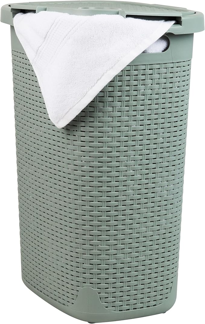 Mind Reader Slim Laundry Hamper with Lid, 60L Clothes Basket, Premium Wicker Design, Plastic, Mint