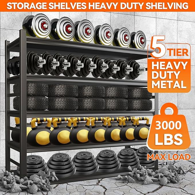 Notmise Garage Shelving, Storage Shelves Heavy Duty, 5-Tier Adjustable Black Shelving, 3000Lbs Utility Shelf for Garage/Basement/Kitchen, 72”H×48”W×24”D