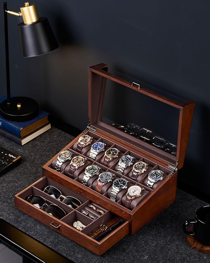 ProCase Wooden Watch Box for Men, Wood Watch Display Case Men's Jewelry Organizer Box with Drawer -12 Slot, Walnut